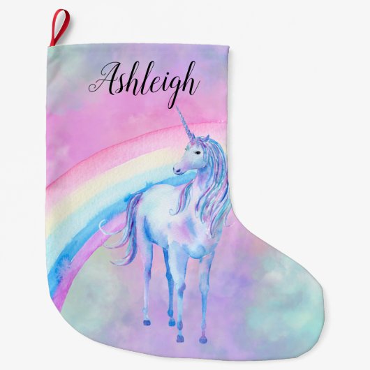 Grande Chaussette De Noël Aquarelle violette Unicorn Rainbow (Devant)