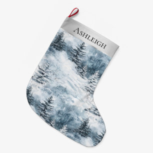 Grande Chaussette De Noël Arbre bleu argenté blanc neige arbres Noël