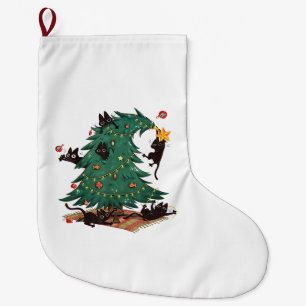 Grande Chaussette De Noël Arbre de Noël et Chat Jolies Amoureux des Chats de