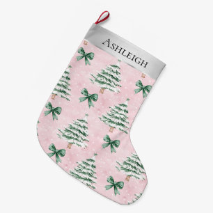 Grande Chaussette De Noël Arbres de Noël argentés Bows verts roses