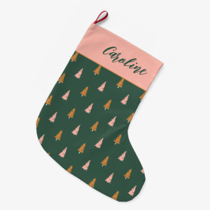 Grande Chaussette De Noël Arbres Rose Pastel et Vert Forêt Fêtes