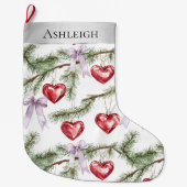 Grande Chaussette De Noël Argent de Noël Branches Purple Bows Coeurs (Devant)