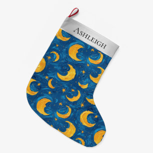 Grande Chaussette De Noël Argent Noël bleu étoile jaune Lune ciel