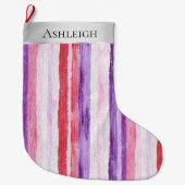 Grande Chaussette De Noël Argent Noël Pin violet Rouge rayures (Devant)