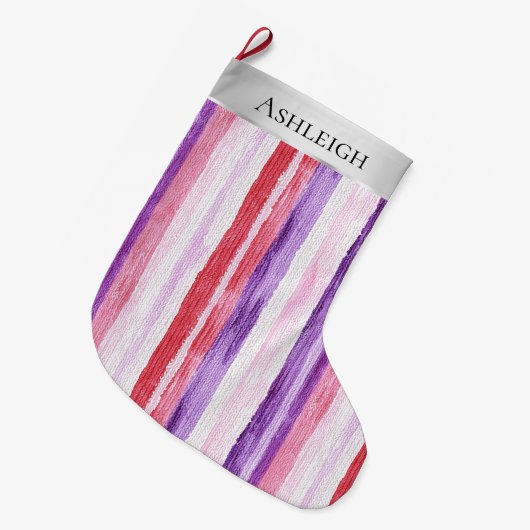 Grande Chaussette De Noël Argent Noël Pin violet Rouge rayures (Devant (Accrochage))