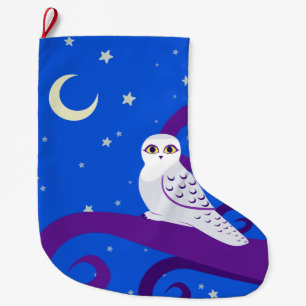 Grande Chaussette De Noël Art de forêt de nuit de croissant de lune de hibo