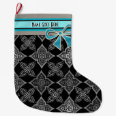 Grande Chaussette De Noël Art Déco Star Flowers Black Grey Aqua Personnalisé (Devant)