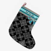Grande Chaussette De Noël Art Déco Star Flowers Black Grey Aqua Personnalisé (Devant (Accrochage))