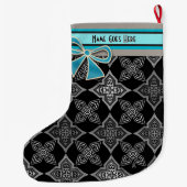 Grande Chaussette De Noël Art Déco Star Flowers Black Grey Aqua Personnalisé (Dos)