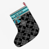 Grande Chaussette De Noël Art Déco Star Flowers Black Grey Aqua Personnalisé (Dos (Accrochage))