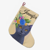 Grande Chaussette De Noël Art Whimsical Cat Gris (Devant (Accrochage))