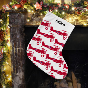 Grande Chaussette De Noël Avion rouge mignon pour garçon, Petit Aviateur Per