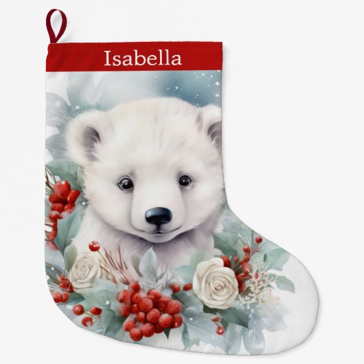 Grande Chaussette De Noël Baby Polar Bear Cub Ajouter un nom joli Noël (Devant)