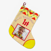 Grande Chaussette De Noël Baby's 1st Christmas 1 Photo Geometric Yellow Red (Devant (Accrochage))