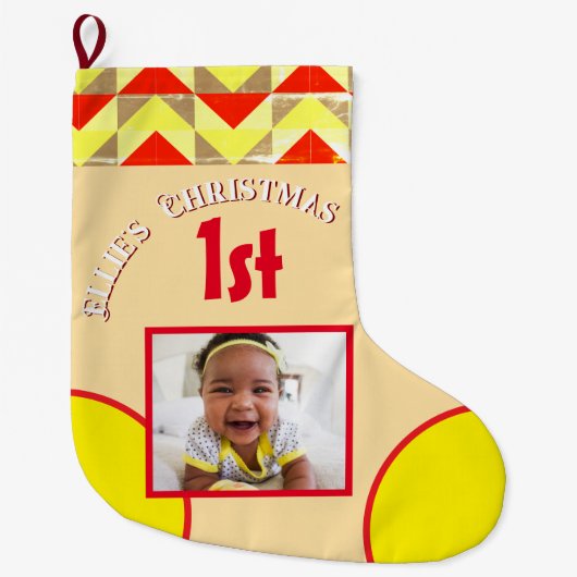 Grande Chaussette De Noël Baby's 1st Christmas 1 Photo Geometric Yellow Red (Devant)