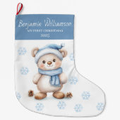 Grande Chaussette De Noël Baby's 1st Christmas Blue Snowflakes Bear  (Devant)