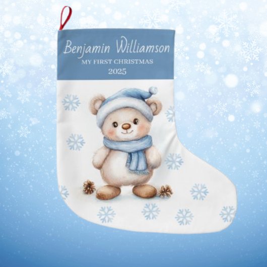 Grande Chaussette De Noël Baby's 1st Christmas Blue Snowflakes Bear 
