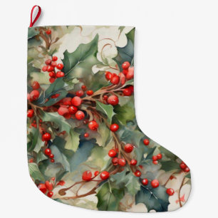 Grande Chaussette De Noël Baies de houx et feuilles à l'aquarelle vintage