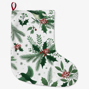 Grande Chaussette De Noël Baies et oiseaux vert émeraude