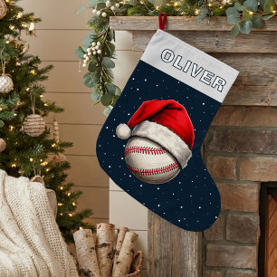 Grande Chaussette De Noël Bal de baseball Rouge Père Noël Nom du chapeau