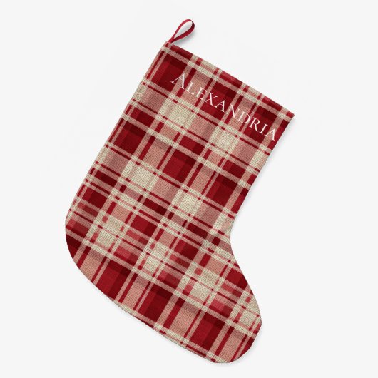 Grande Chaussette De Noël Bandes Plaid Crème Rouge (Devant (Accrochage))