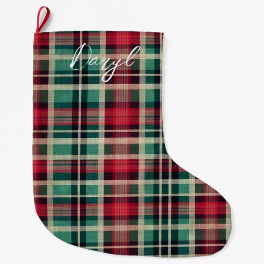 Grande Chaussette De Noël Bandes Plaid Vert Crème Rouge (Devant)