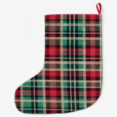 Grande Chaussette De Noël Bandes Plaid Vert Crème Rouge (Dos)