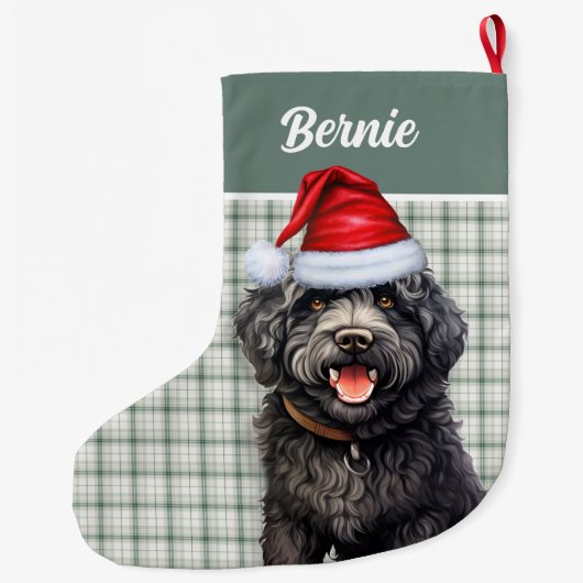 Grande Chaussette De Noël Barbet Chien vert Plaid avec nom (Dos)
