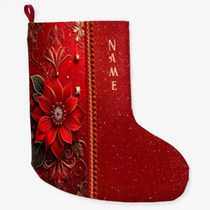 Grande Chaussette De Noël Bas de Noël à Fleur Rouge de Fête