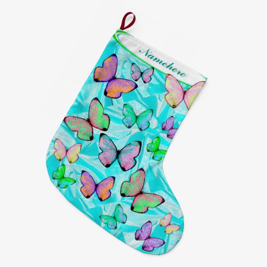 Grande Chaussette De Noël Bas de Noël de papillon avec le nom ! (Devant (Accrochage))