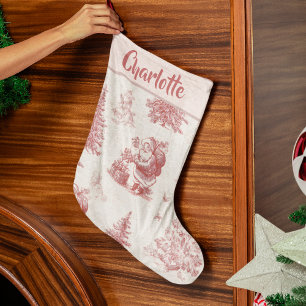 Grande Chaussette De Noël Bas de Noël rose personnalisé en toile de Jouy