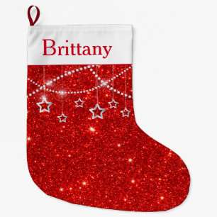 Grande Chaussette De Noël Bas rouge festif Paillettes & Étoiles Nom personna