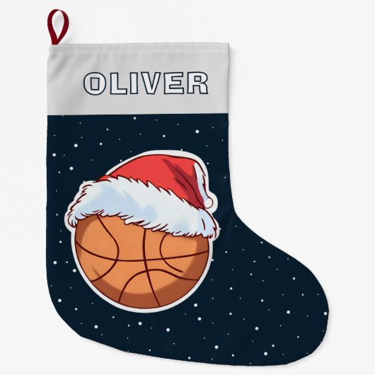 Grande Chaussette De Noël Basketball Ball Red Santa Hat Name (Devant)