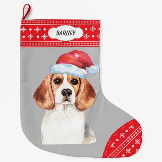 Grande Chaussette De Noël Beagle de Santa Hat Feu de neige frontière (Devant)