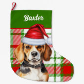 Grande Chaussette De Noël Beagle de vacances Red Green Plaid avec le nom du  (Devant)