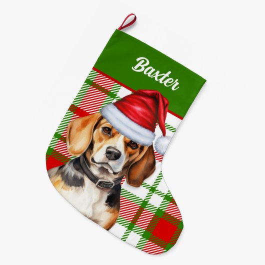 Grande Chaussette De Noël Beagle de vacances Red Green Plaid avec le nom du  (Devant (Accrochage))