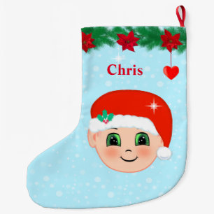 Grande Chaussette De Noël Bébé Noël visage, coeurs, poinsettias et pin
