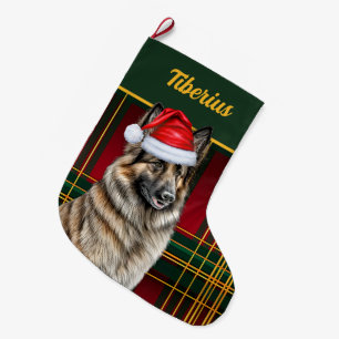 Grande Chaussette De Noël Belge Tervuren Holiday Plaid avec le nom du chien