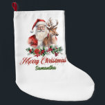 Grande Chaussette De Noël Béliers rouges classiques | Père Noël avec rennes<br><div class="desc">Illustration éternelle classique impressionnante Père Noël avec rennes avec un script scintillant festif "Joyeux Noël". Personnalisez facilement le texte ou laissez-le vide - la décoration parfaite pour votre maison de vacances</div>