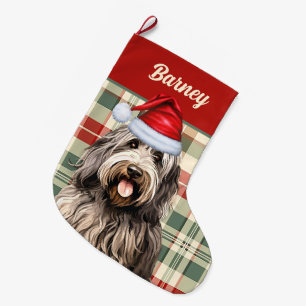 Grande Chaussette De Noël Bergamasco Holiday Plaid avec le nom du chien