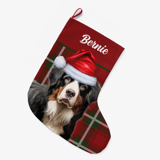 Grande Chaussette De Noël Bernese Mountain Dog Holiday Plaid avec le nom du  (Devant (Accrochage))