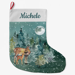Grande Chaussette De Noël Biche Faon Cerf Forêt Pleine Lune Chute de Neige A