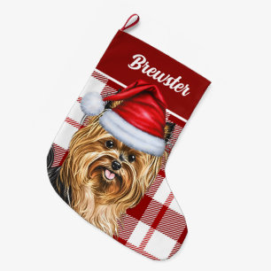 Grande Chaussette De Noël Biewer Terrier Dog Holiday Red Plaid Chien Nom
