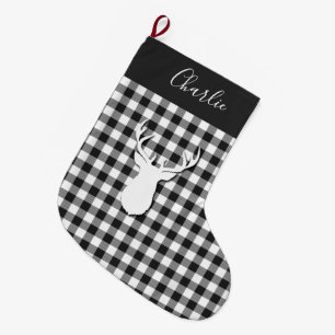 Grande Chaussette De Noël Black White Check Deer personnalisé