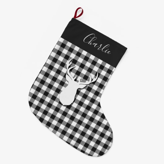 Grande Chaussette De Noël Black White Check Deer personnalisé (Devant (Accrochage))