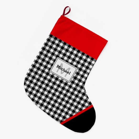 Grande Chaussette De Noël Black & White Plaid Toe Trim Monogram (Devant (Accrochage))