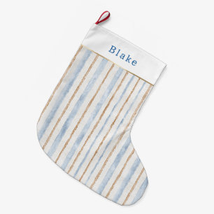 Grande Chaussette De Noël Blanc Bleu Or Rayures Noël