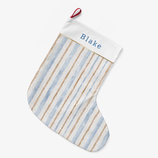 Grande Chaussette De Noël Blanc Bleu Or Rayures Noël   (Devant (Accrochage))