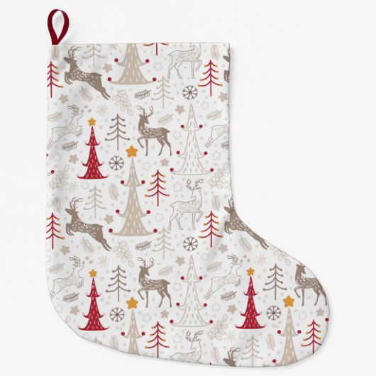 Grande Chaussette De Noël Blanc d'hiver, sapin de Noël et cerfs (Devant)