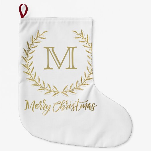 Grande Chaussette De Noël Blanc et Noël de monogramme de feuille d'or Joyeux (Devant)